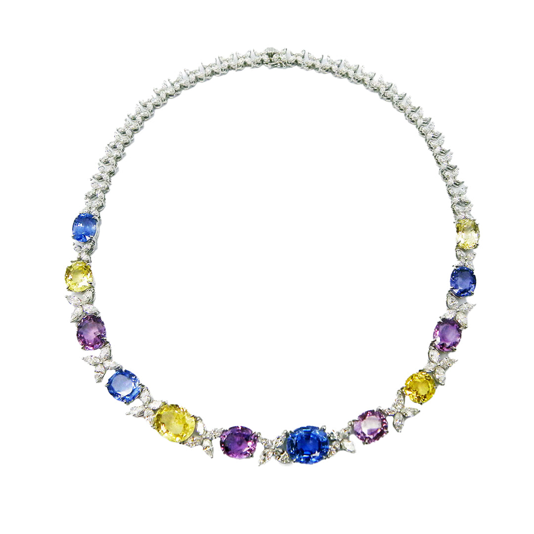 GIA Certified Sri Lanka Blue, Purple and Pink Sapphires White Gold Necklace