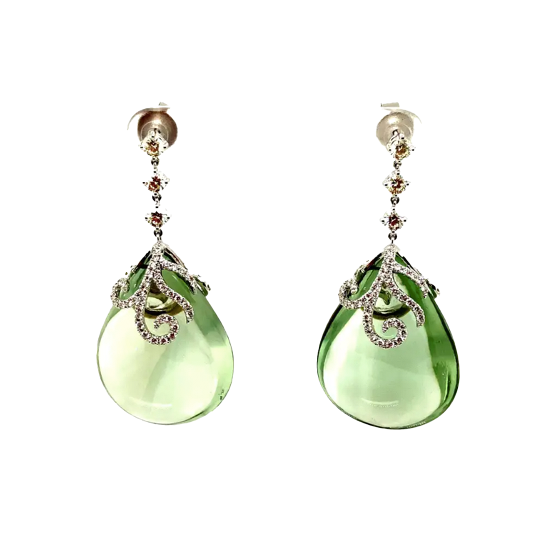 Green Amethyst Drops and White Diamond Gold Earrings