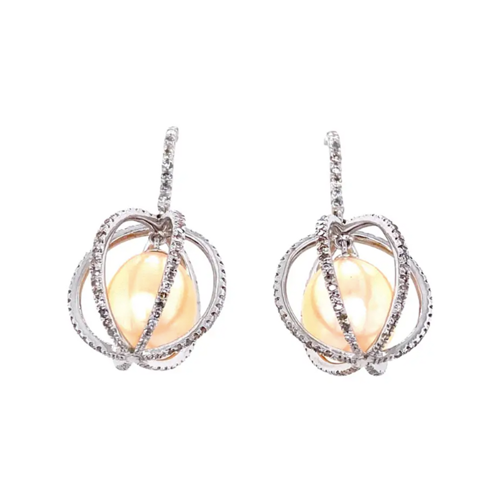 Golden Pearls and Diamond White Gold Earrings