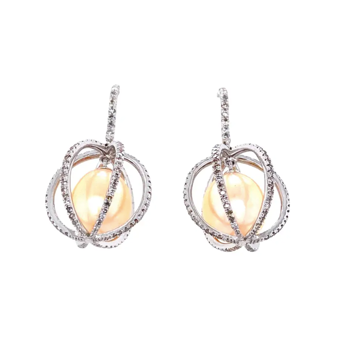 Golden Pearls and Diamond White Gold Earrings