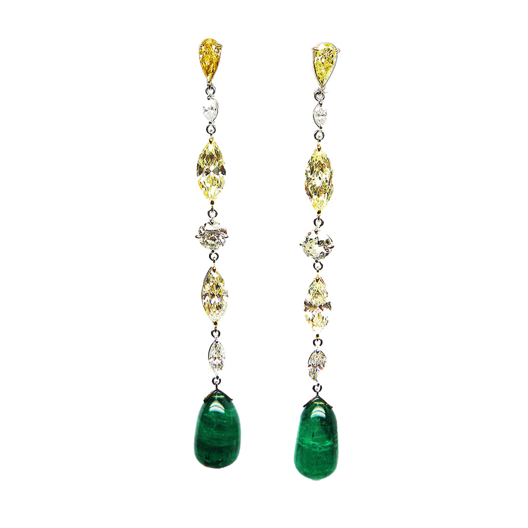 1.80 cts Natural Fancy Yellow Diamonds and 15.65 cts Emerald Earrings