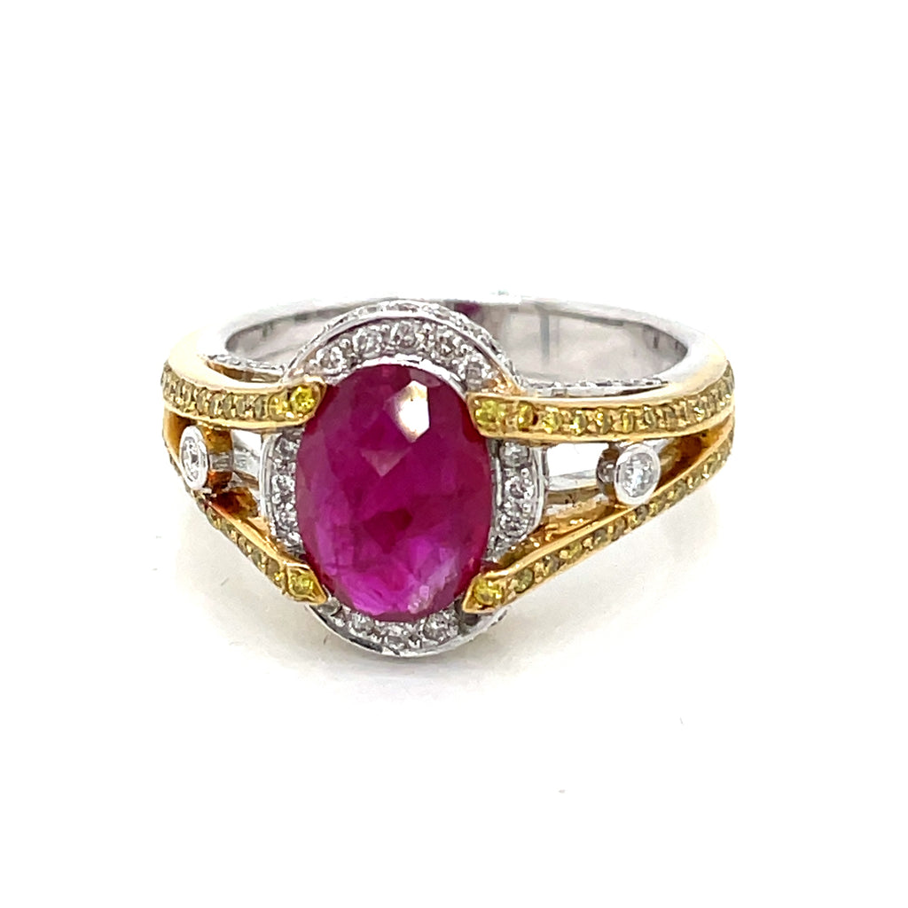 Ruby faceted buff top 18 K white and yellow gold Engagement ring