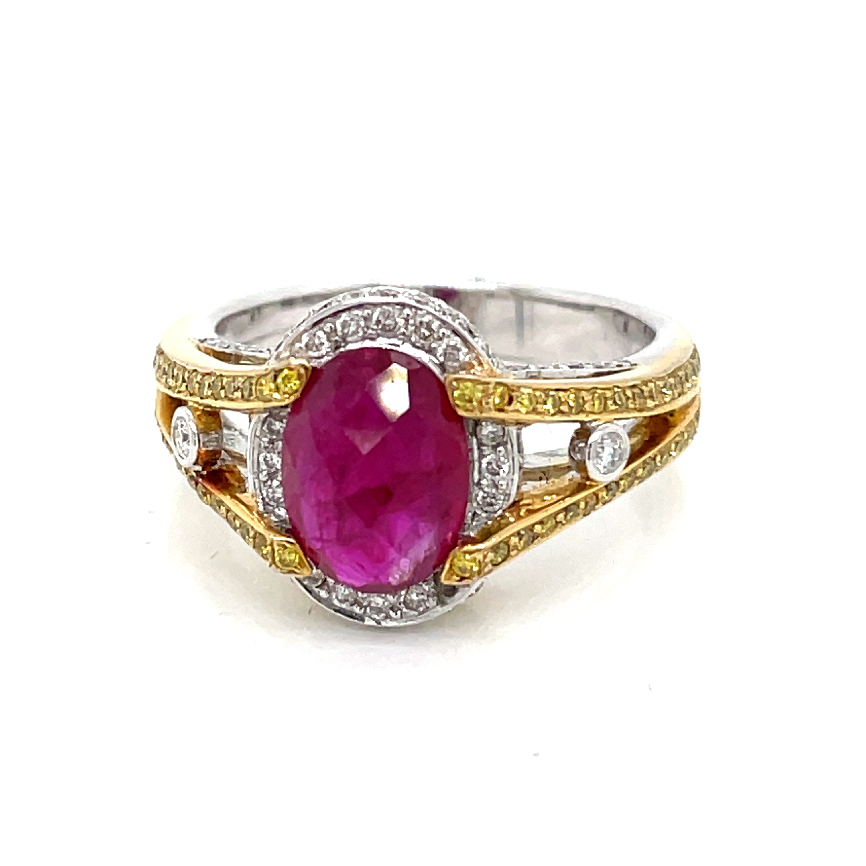 Ruby faceted buff top 18 K white and yellow gold Engagement ring