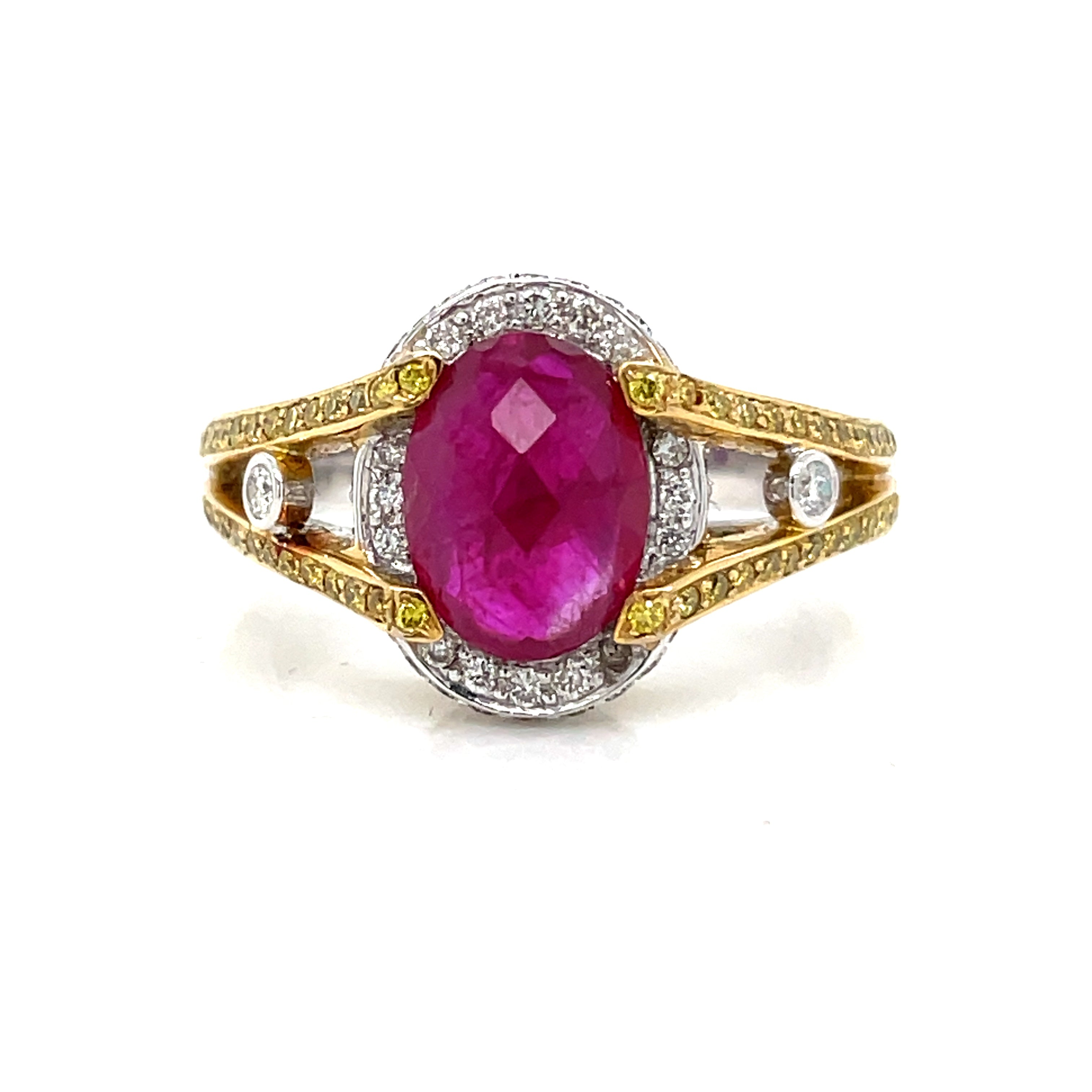 Ruby faceted buff top 18 K white and yellow gold Engagement ring