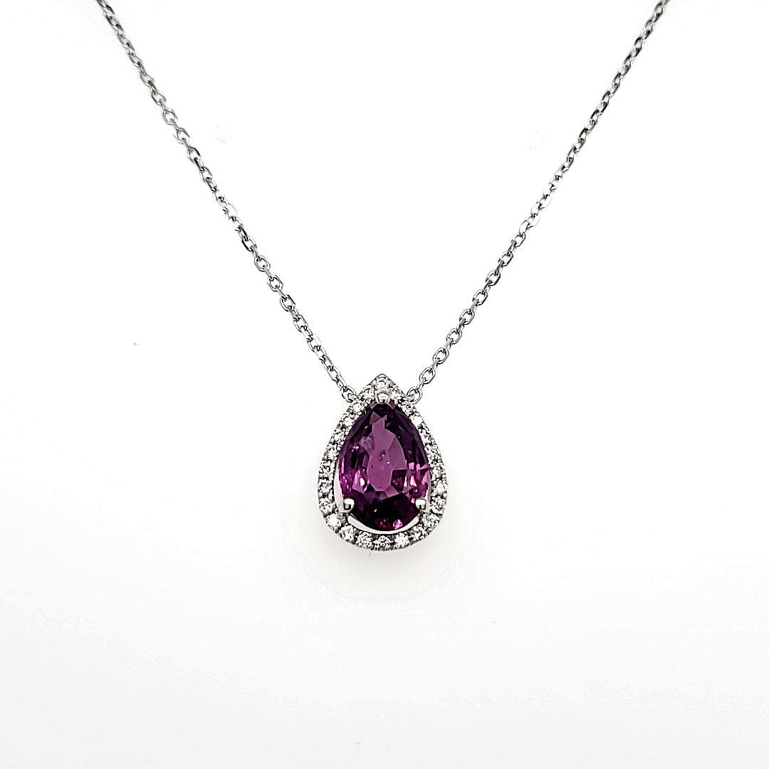 18k White Gold Pear-Shaped Purple Sapphire Cts 2.43 Round Diamond Necklace