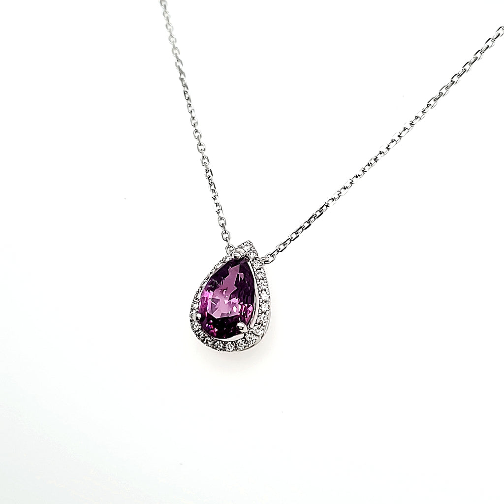 18k White Gold Pear-Shaped Purple Sapphire Cts 2.43 Round Diamond Necklace