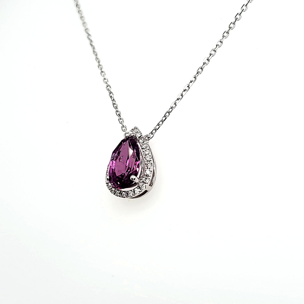 18k White Gold Pear-Shaped Purple Sapphire Cts 2.43 Round Diamond Necklace