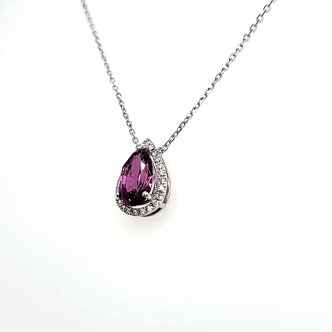 18k White Gold Pear-Shaped Purple Sapphire Cts 2.43 Round Diamond Necklace