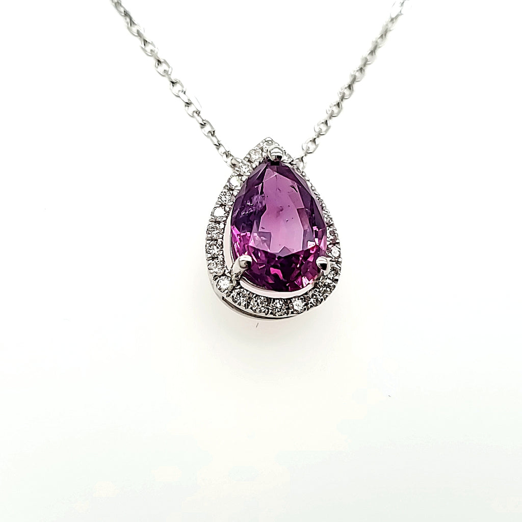 18k White Gold Pear-Shaped Purple Sapphire Cts 2.43 Round Diamond Necklace