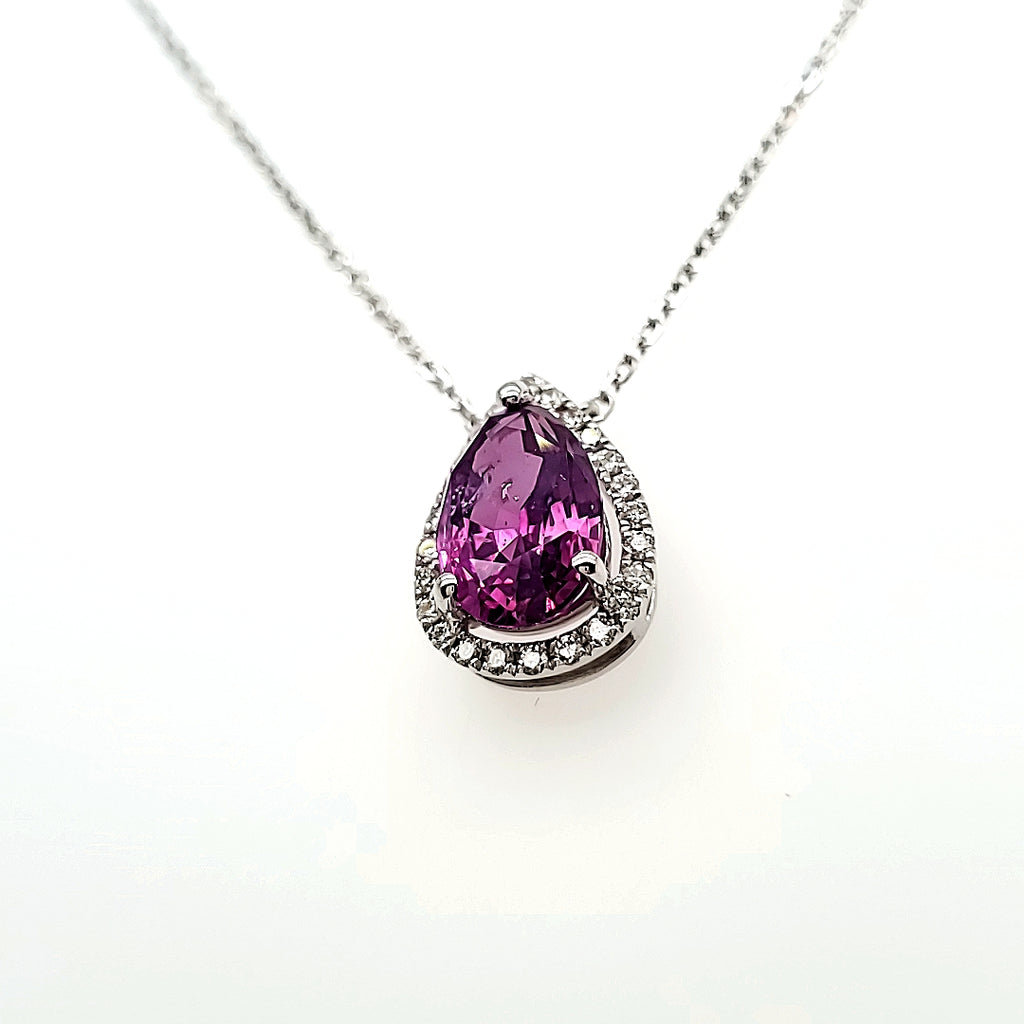 18k White Gold Pear-Shaped Purple Sapphire Cts 2.43 Round Diamond Necklace