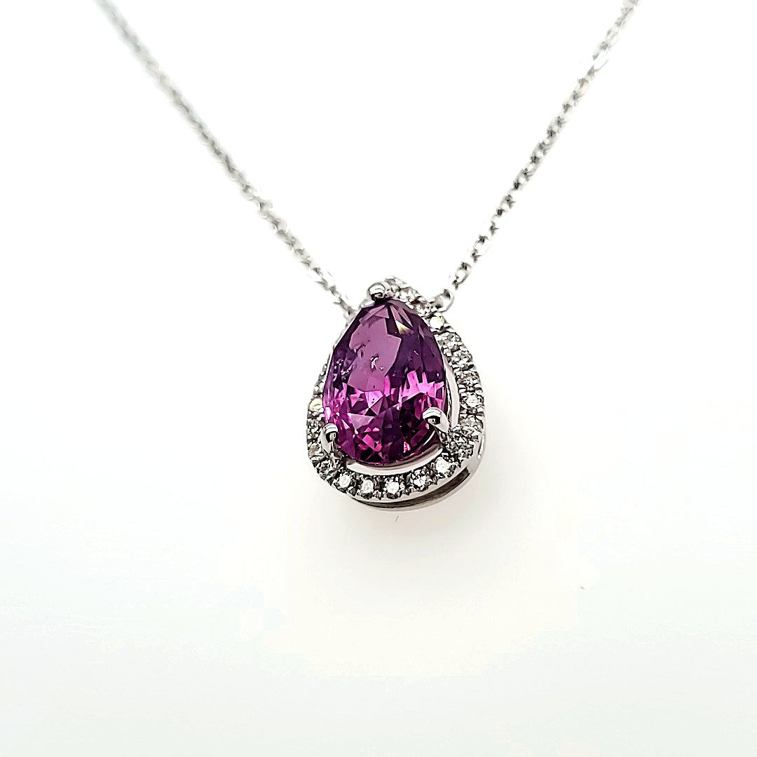 18k White Gold Pear-Shaped Purple Sapphire Cts 2.43 Round Diamond Necklace