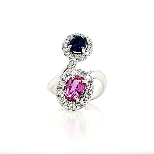18k White Gold Dual Coloured Ring of Blue and Pink Sapphire