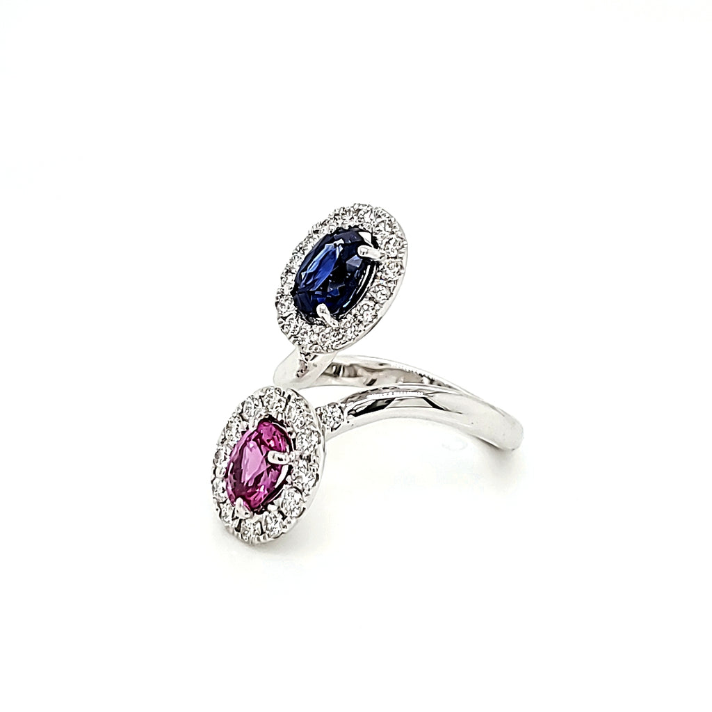 18k White Gold Dual Coloured Ring of Blue and Pink Sapphire