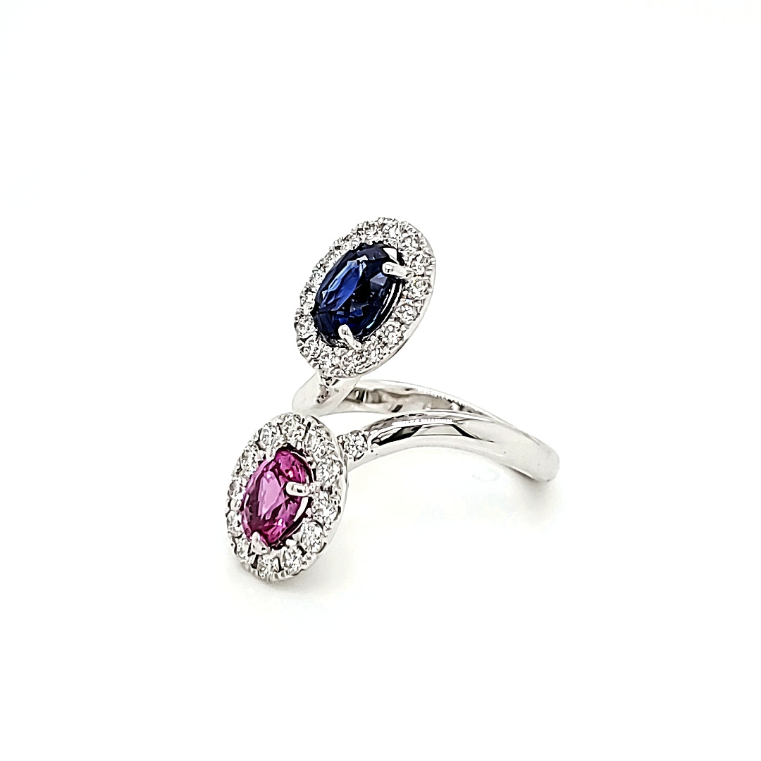 18k White Gold Dual Coloured Ring of Blue and Pink Sapphire
