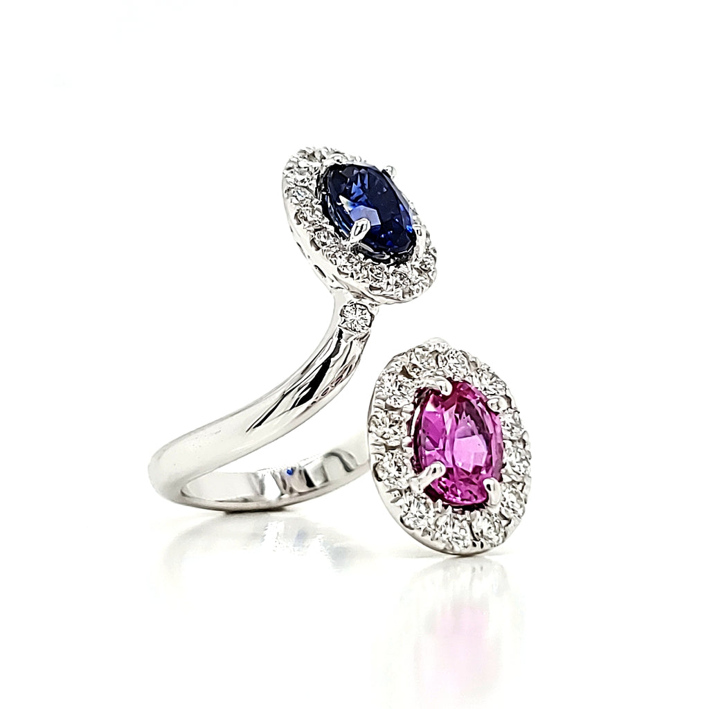 18k White Gold Dual Coloured Ring of Blue and Pink Sapphire