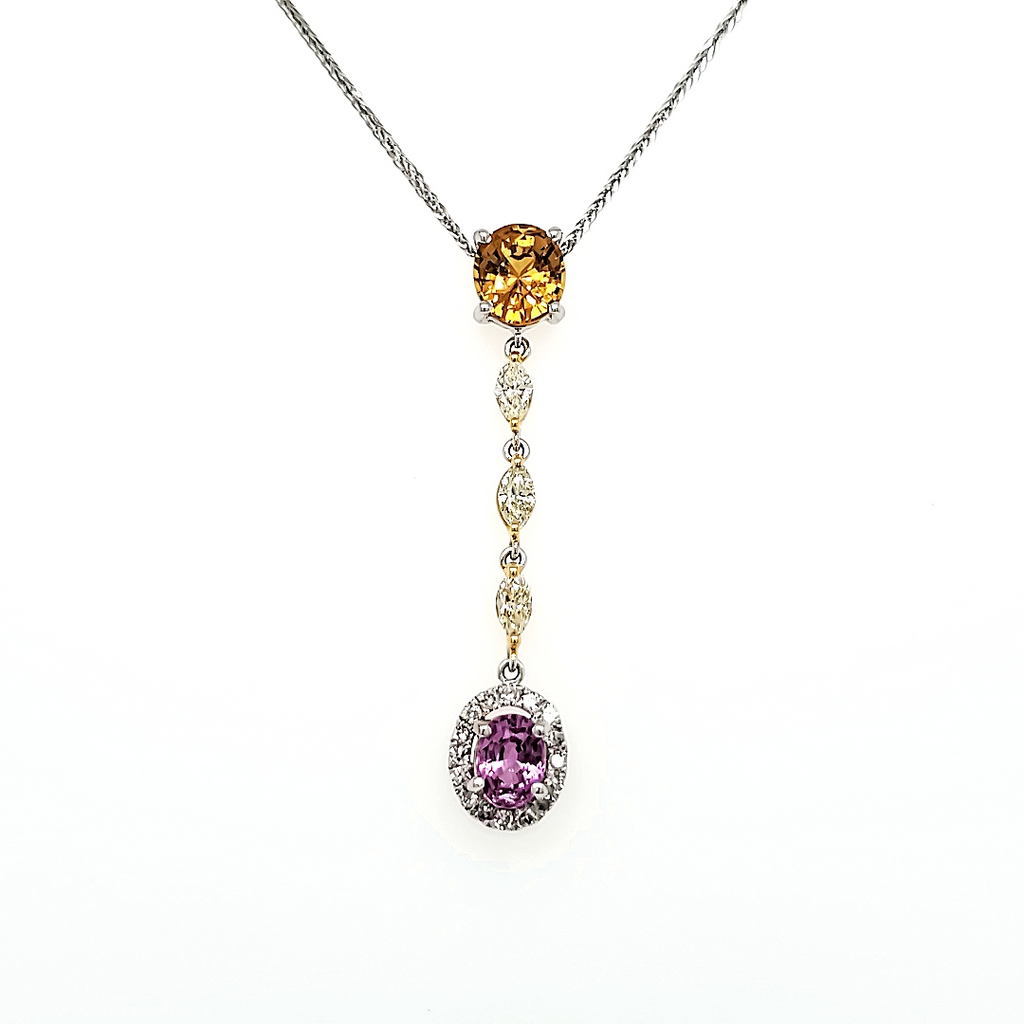 Orange and Pink Sapphire Diamond Necklace With 18k White Gold Drop Chain