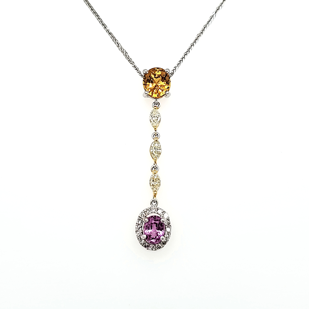 Orange and Pink Sapphire Diamond Necklace With 18k White Gold Drop Chain