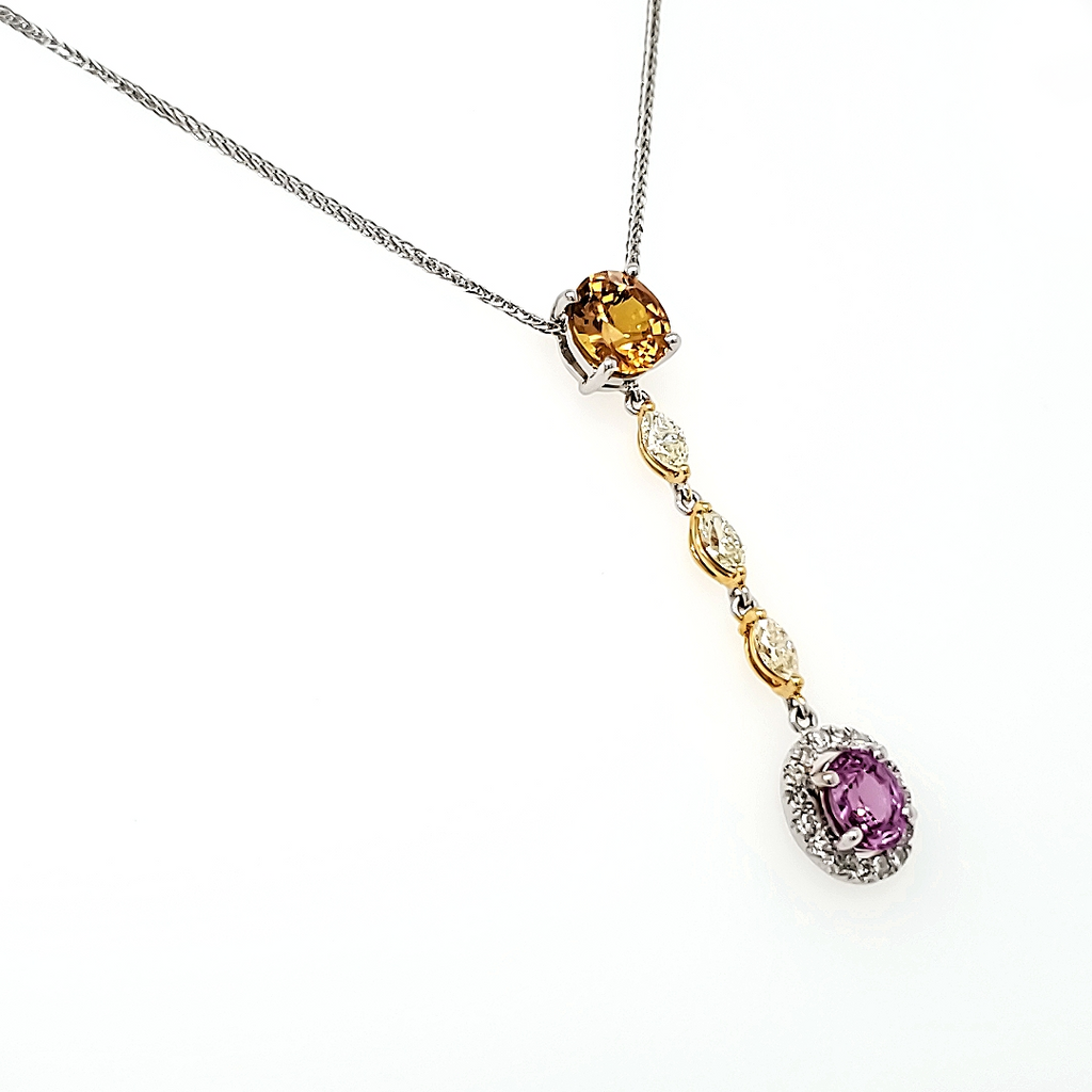 Orange and Pink Sapphire Diamond Necklace With 18k White Gold Drop Chain