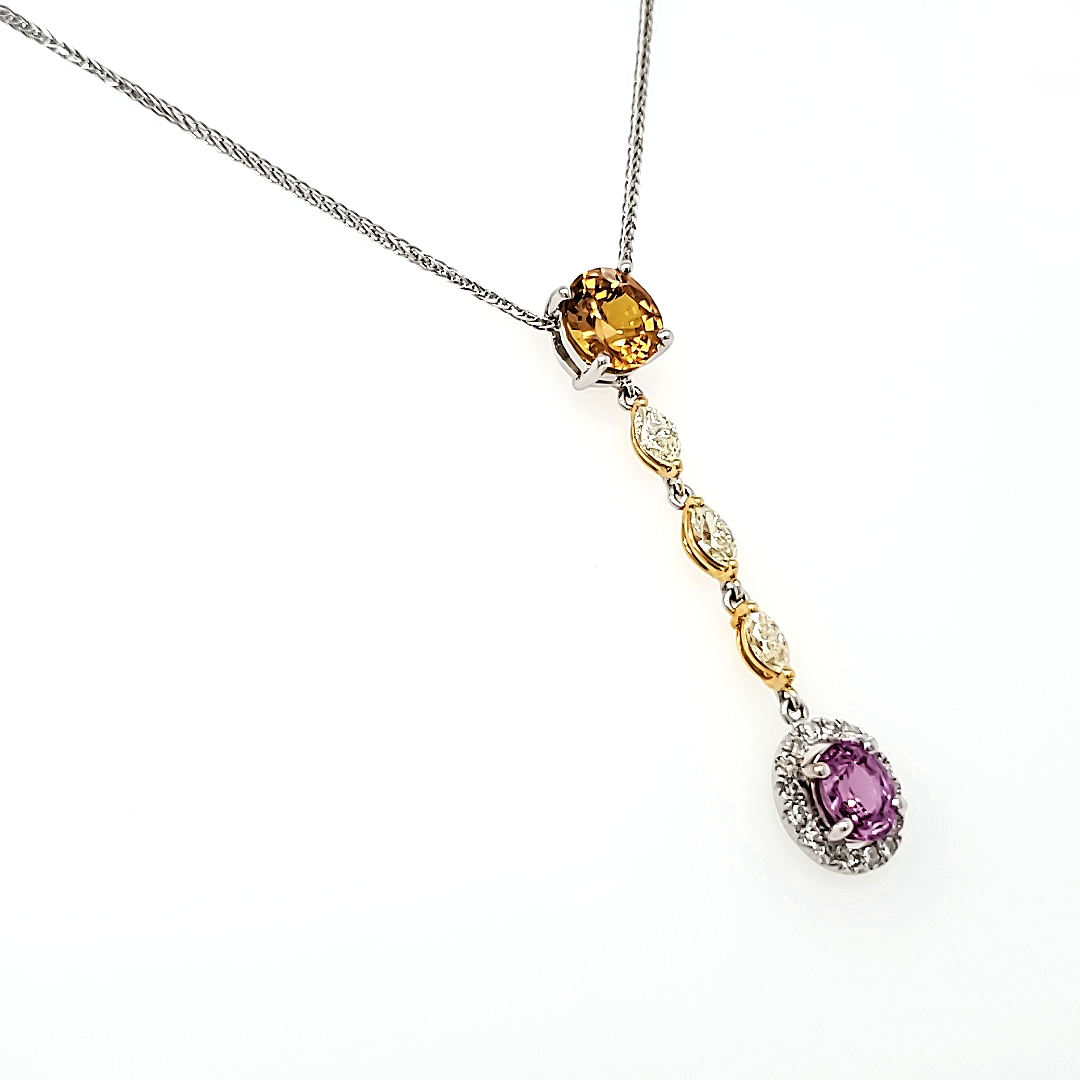 Orange and Pink Sapphire Diamond Necklace With 18k White Gold Drop Chain