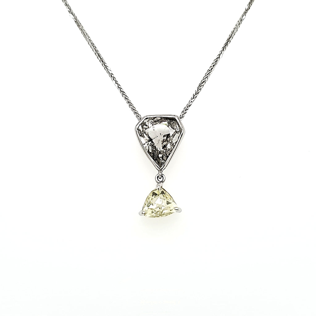 Rose Cut Pear Diamond and Triangular Shape Diamond Drop Necklace with 18k White Gold Chain