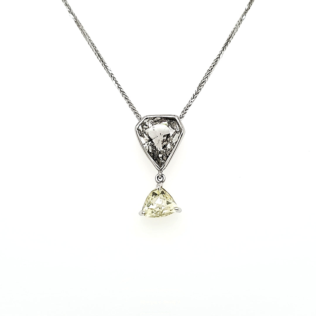Rose Cut Pear Diamond and Triangular Shape Diamond Drop Necklace with 18k White Gold Chain