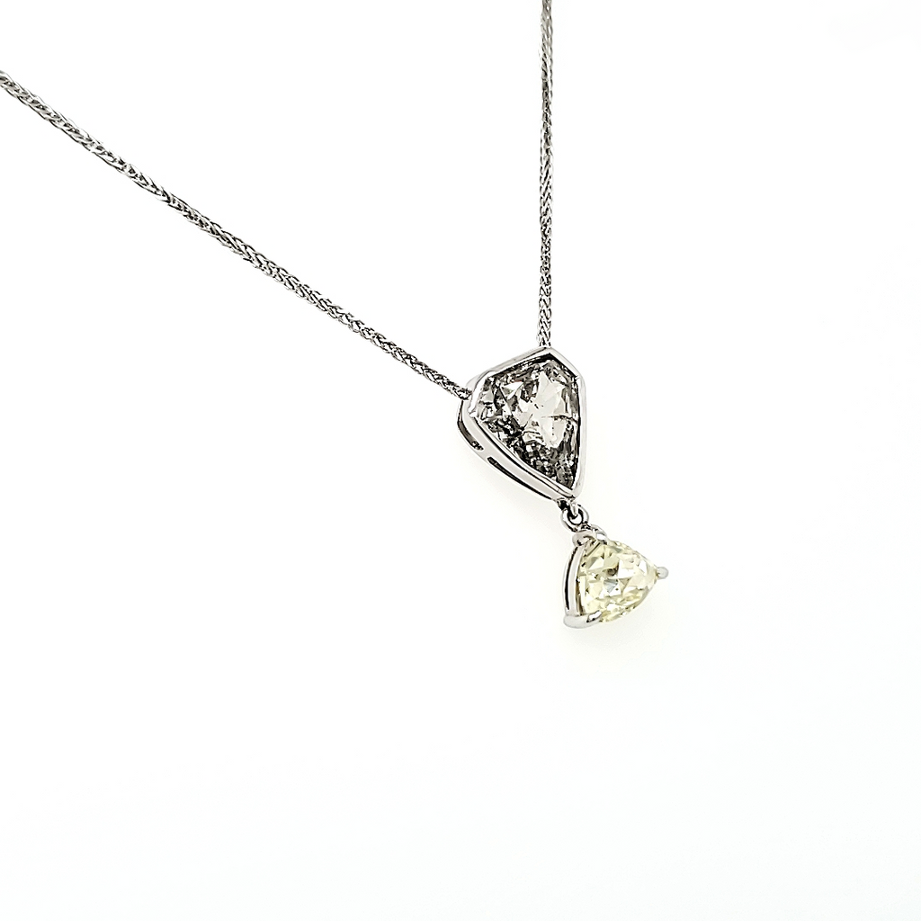 Rose Cut Pear Diamond and Triangular Shape Diamond Drop Necklace with 18k White Gold Chain