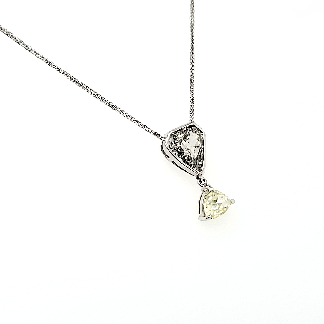 Rose Cut Pear Diamond and Triangular Shape Diamond Drop Necklace with 18k White Gold Chain