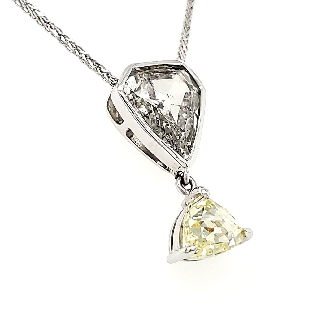 Rose Cut Pear Diamond and Triangular Shape Diamond Drop Necklace with 18k White Gold Chain