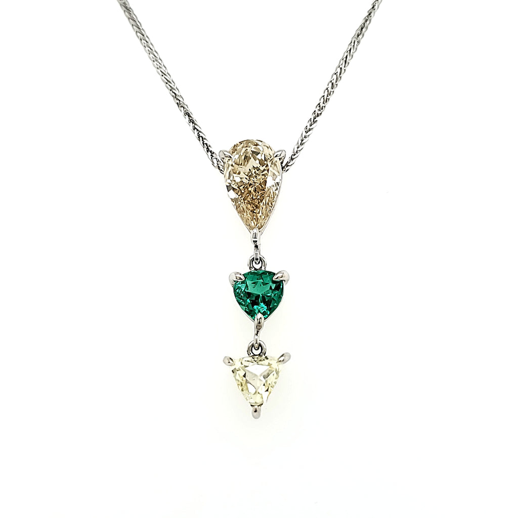 Natural Emerald Heart and Diamond Drop Necklace with 18k White Gold Chain