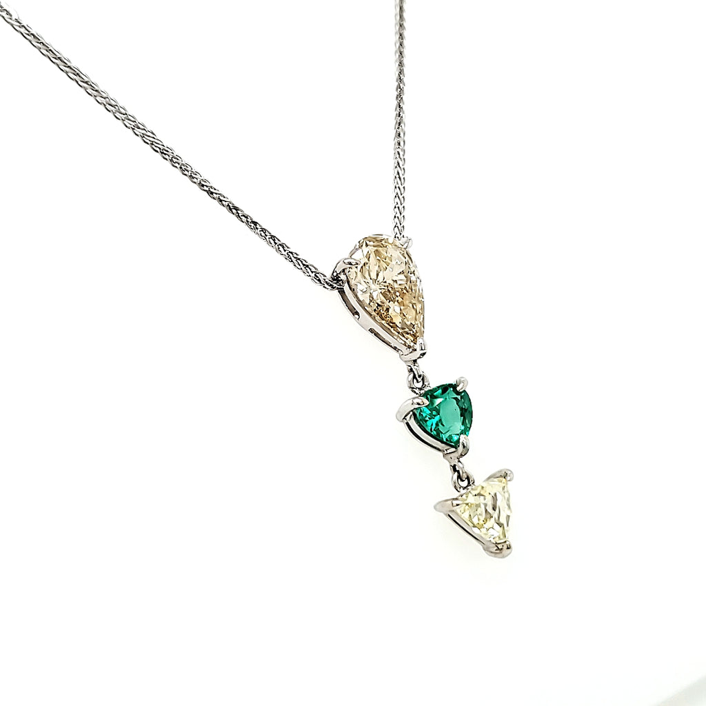Natural Emerald Heart and Diamond Drop Necklace with 18k White Gold Chain