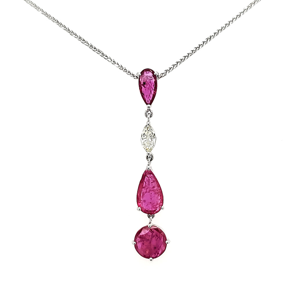 Unheated Mozambique Round and Pear Ruby Cts 2.21 and Marquise Diamond Pendant