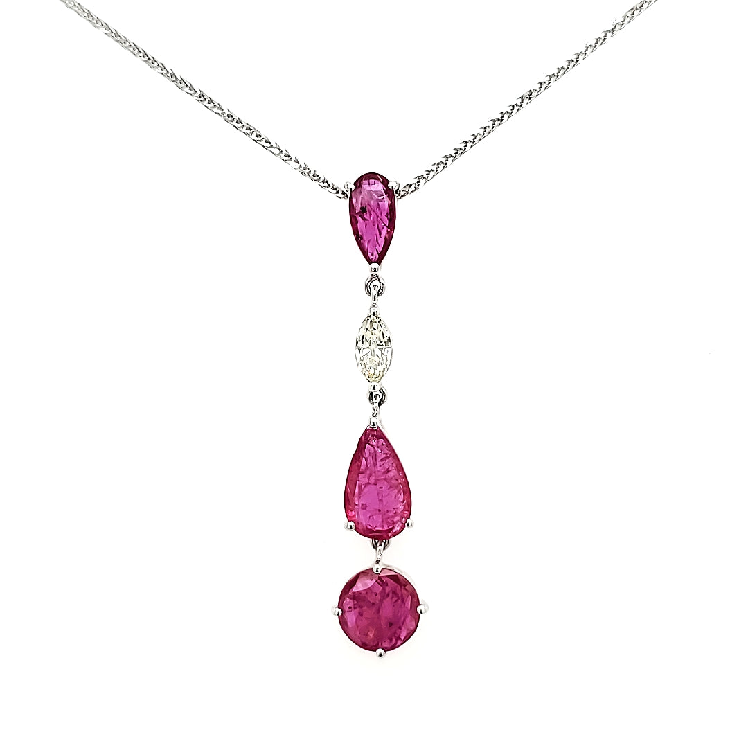 Unheated Mozambique Round and Pear Ruby Cts 2.21 and Marquise Diamond Pendant