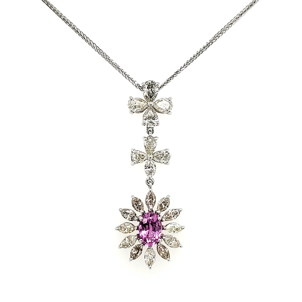 18k White Gold Pink Oval Sapphire Cts 1.07 and Marquise Diamond Pendant Necklace