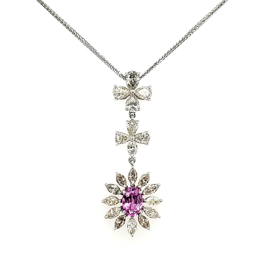 18k White Gold Pink Oval Sapphire Cts 1.07 and Marquise Diamond Pendant Necklace