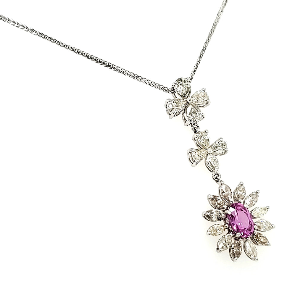 18k White Gold Pink Oval Sapphire Cts 1.07 and Marquise Diamond Pendant Necklace
