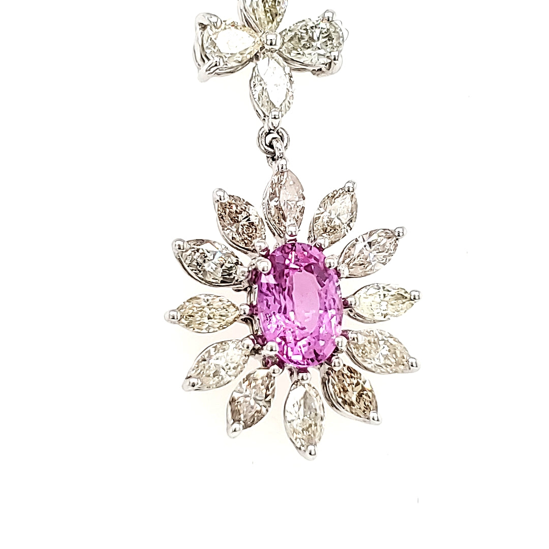 18k White Gold Pink Oval Sapphire Cts 1.07 and Marquise Diamond Pendant Necklace