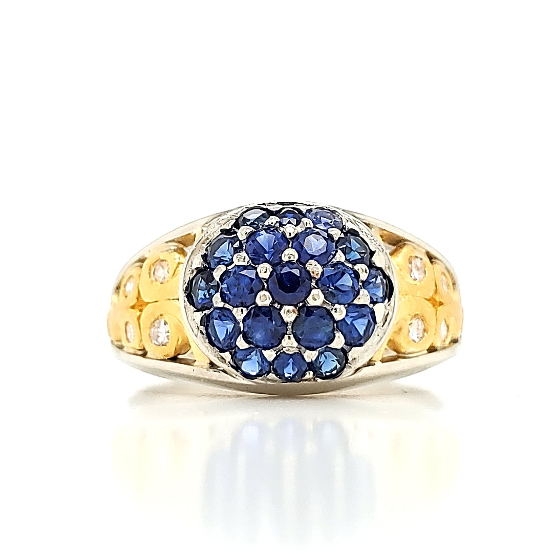 Blue Sapphire and Diamond Engagement Ring with 18 and 24 K Gold Work
