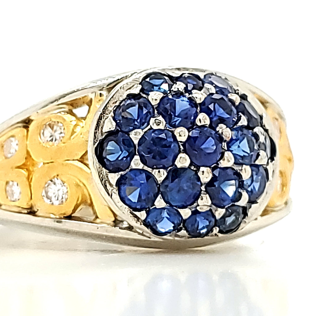 Blue Sapphire and Diamond Engagement Ring with 18 and 24 K Gold Work