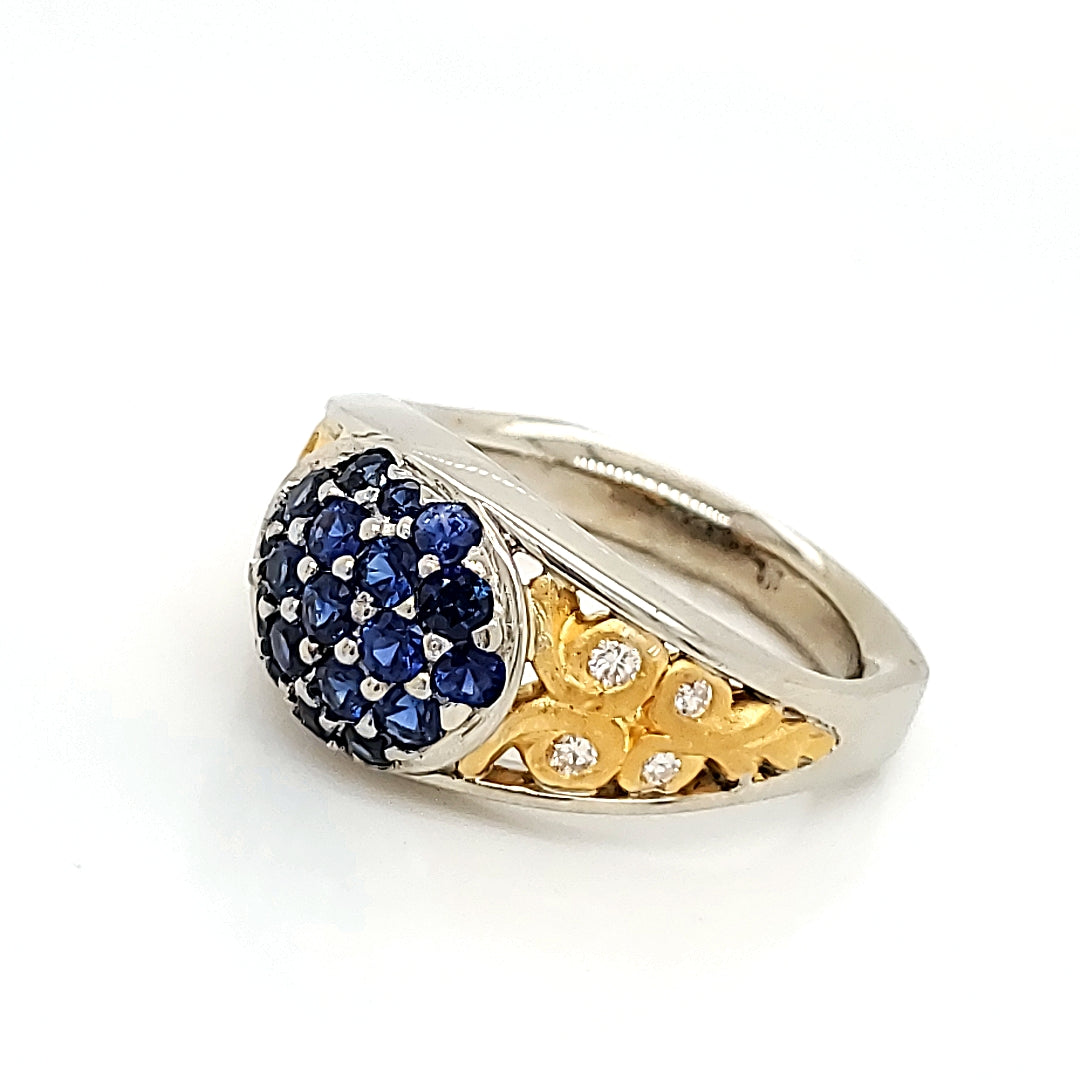 Blue Sapphire and Diamond Engagement Ring with 18 and 24 K Gold Work