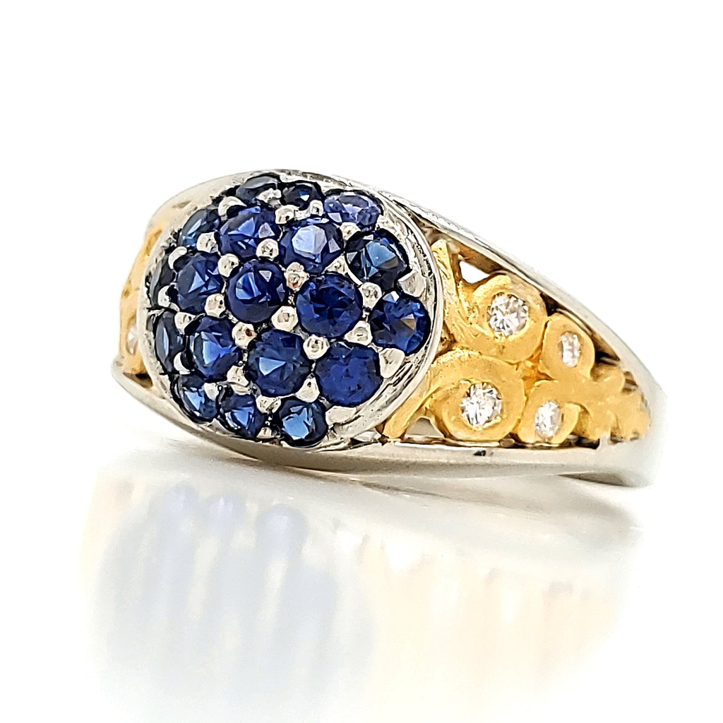 Blue Sapphire and Diamond Engagement Ring with 18 and 24 K Gold Work