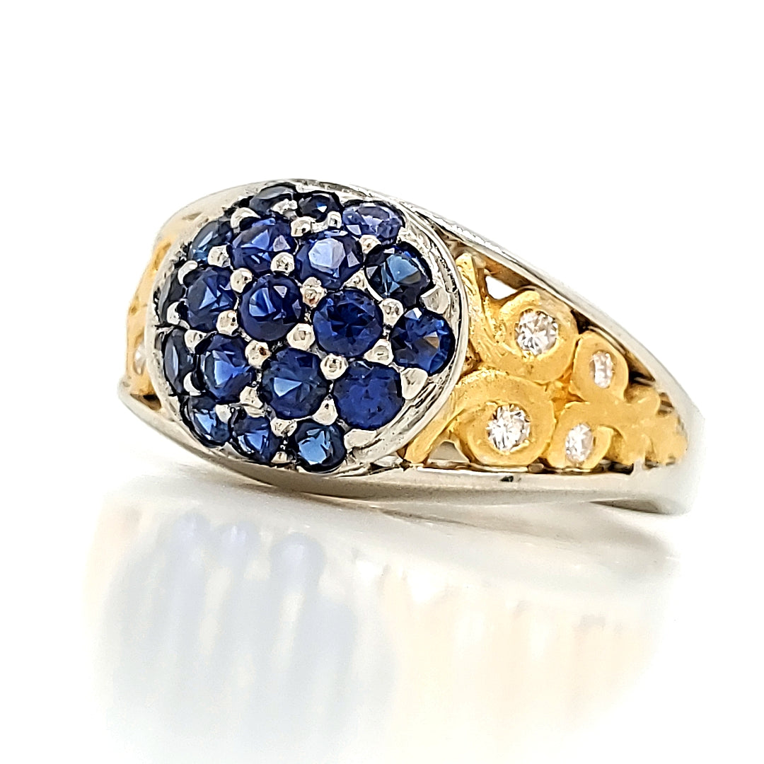 Blue Sapphire and Diamond Engagement Ring with 18 and 24 K Gold Work