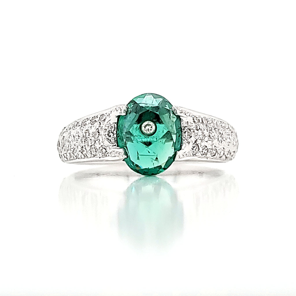 18k White Gold 1.45 Cts Oval Emerald and Diamond Engagement Ring