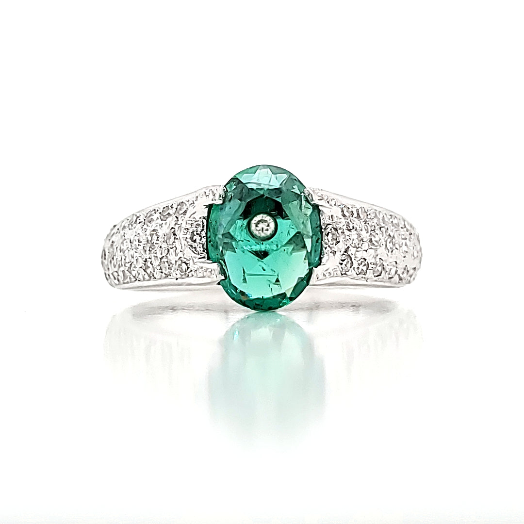 18k White Gold 1.45 Cts Oval Emerald and Diamond Engagement Ring
