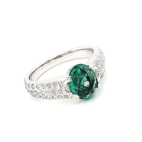 18k White Gold 1.45 Cts Oval Emerald and Diamond Engagement Ring
