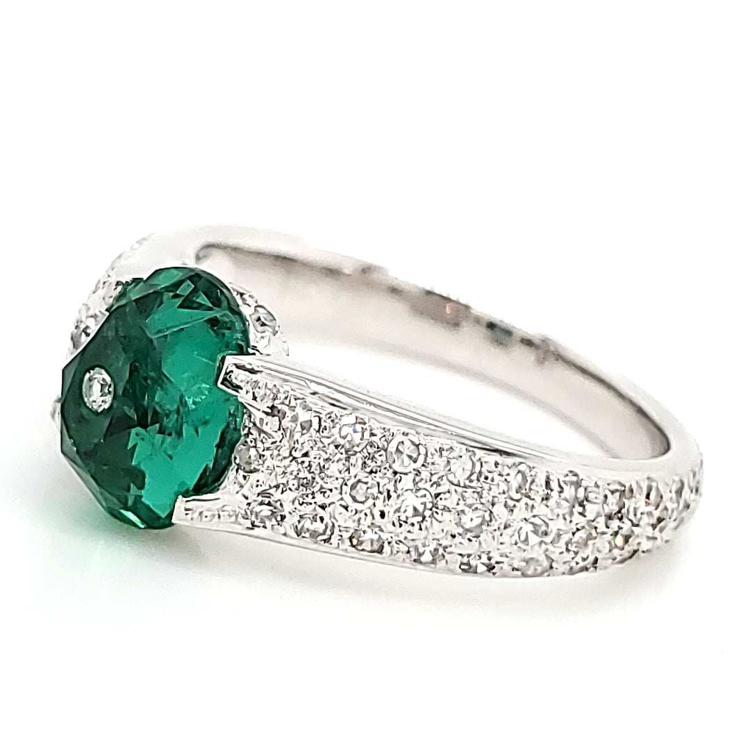 18k White Gold 1.45 Cts Oval Emerald and Diamond Engagement Ring