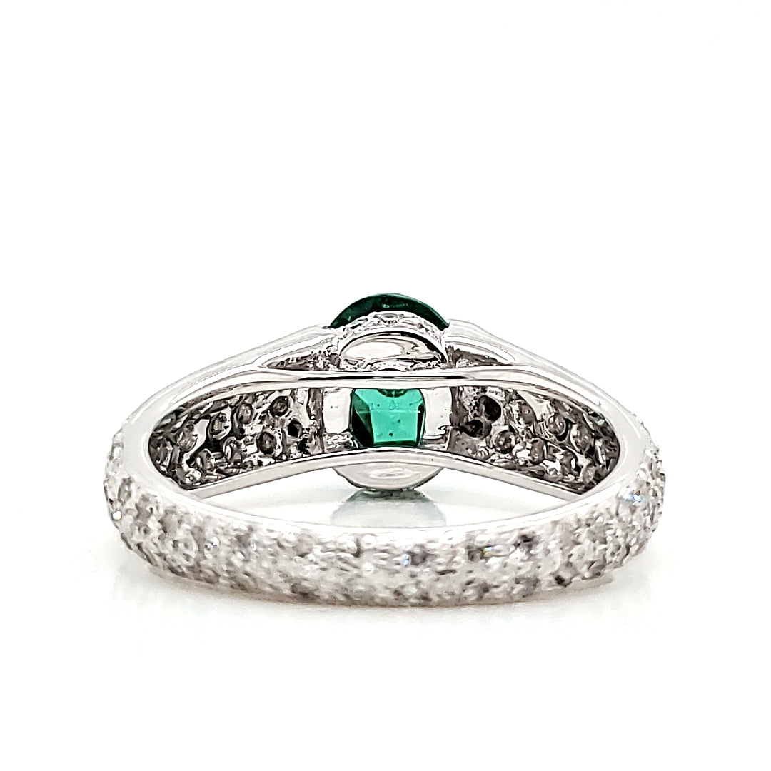 18k White Gold 1.45 Cts Oval Emerald and Diamond Engagement Ring