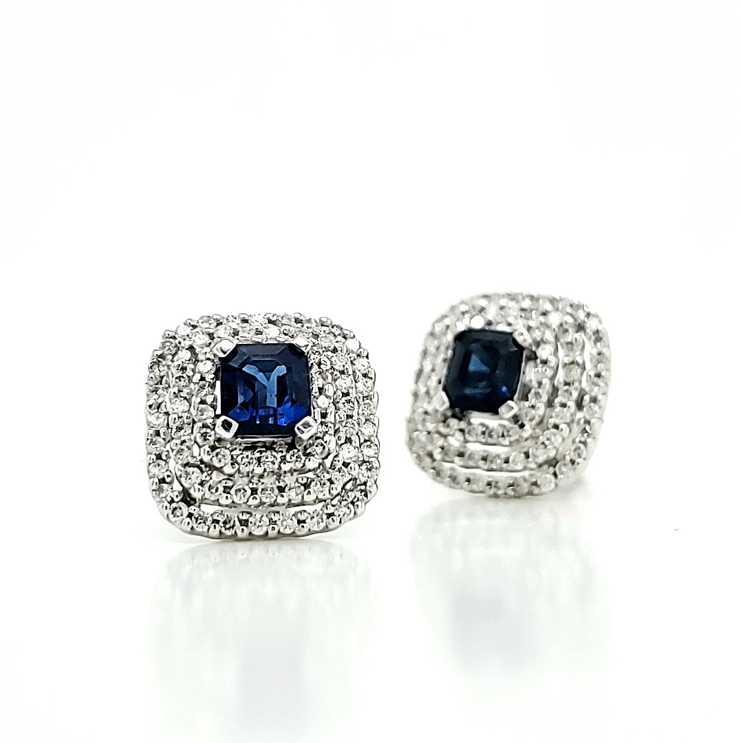 18k White Gold Blue Sapphire and Diamond Halo Earrings
