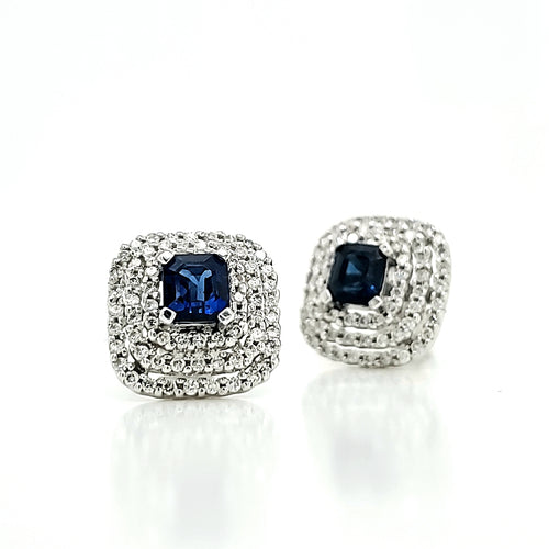 18k White Gold Blue Sapphire and Diamond Halo Earrings