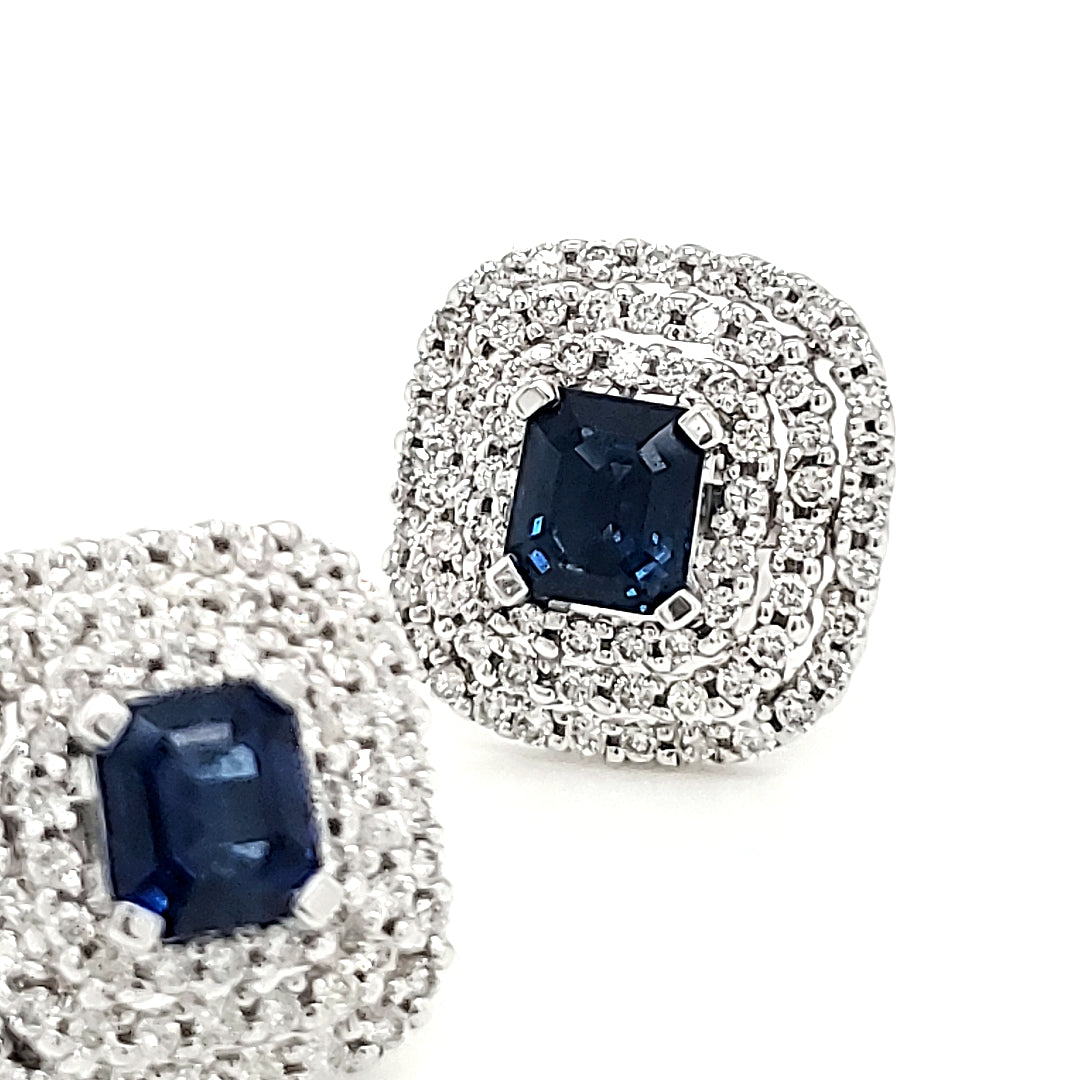 18k White Gold Blue Sapphire and Diamond Halo Earrings