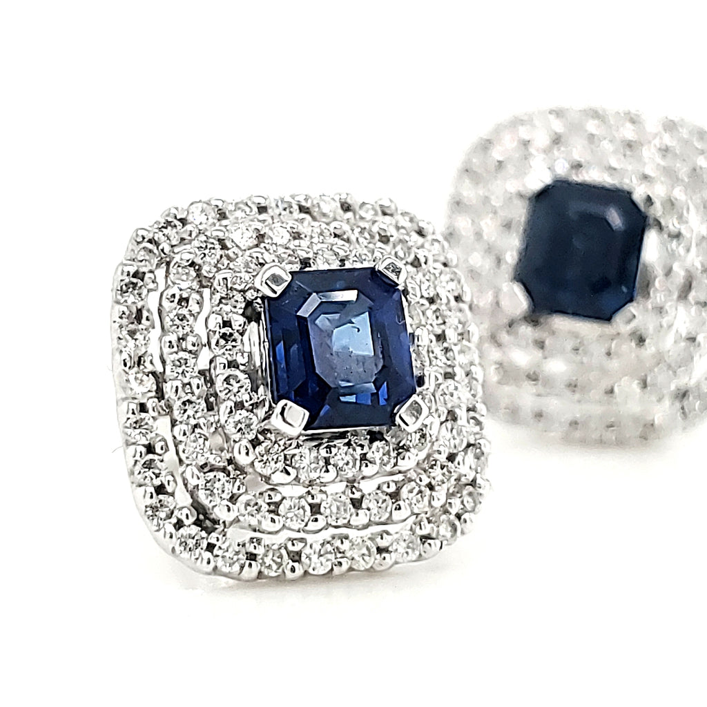 18k White Gold Blue Sapphire and Diamond Halo Earrings